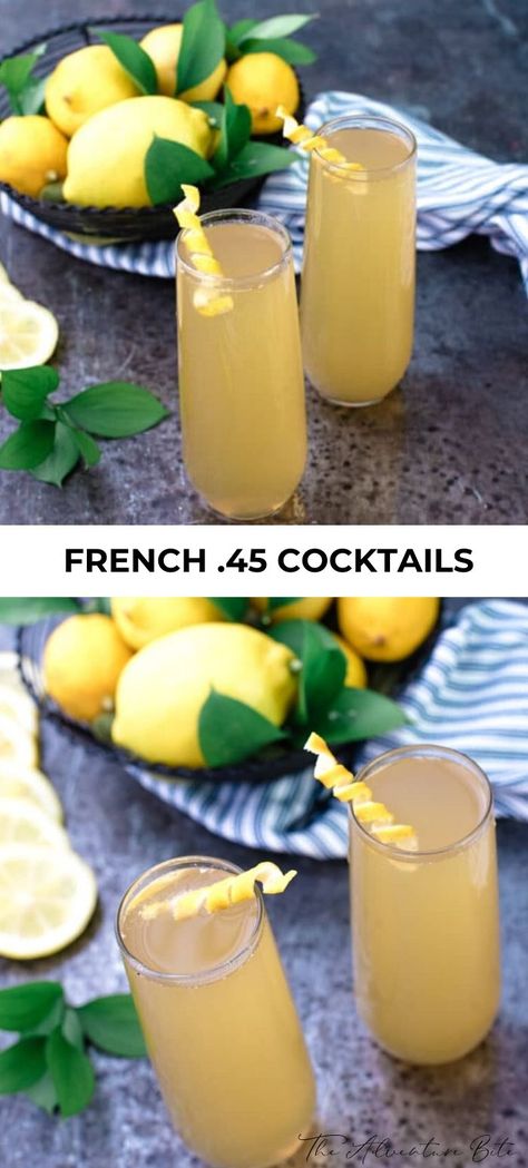 This French.45 cocktail is an elegant cocktail that is light and bubbly, making it the perfect way to unwind and relax with friends! So you may have heard of the French 75 already but not it’s relatively lesser-known French 75. The main difference between the two classics is that the French 75 is made with cognac or gin and the French .45 is made with brandy.  #cocktails #drinks #french45 #elegantcocktails #french French 75 Recipe, French 75 Cocktail, Ginger Cocktails, Brandy Cocktails, French 75, Best Cocktail Recipes, Mixed Drinks Recipes, Cocktail Recipes Easy, Cocktail Drinks Recipes