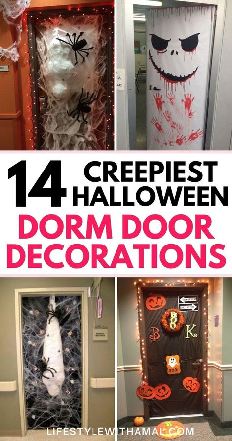 High School Halloween Door Decoration, Halloween Decorating Door Ideas, Halloween Spider Door Decorations, Keep Out Halloween Door Decorations Ideas, Black Door Halloween Decor, Spooky Halloween Door Decorations Classroom, Halloween Classroom Door Middle School, Halloween Door Decorations High School, College Dorm Door Halloween Decorations