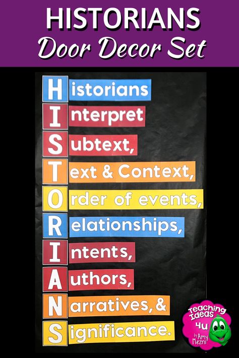 Historians Decor Set History teachers can brighten up their classroom with this HISTORIANS decor set! The acrostic poem reminds students of what historians do. This decor set would look great in any history classroom and pairs well with historical thinking or why study history units. The poem comes in both color or black & white so that teachers can print the poem on any color of paper desired. #history #middleschool #highschool History Posters Classroom, History Classroom Displays, High School Us History Classroom Decor, Middle School History Classroom Decor, High School History Classroom Decorating, Why Study History, History Teacher Classroom, History Bulletin Boards, History Room