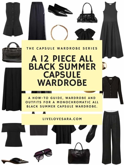 Black Capsule Wardrobe, Capsule Wardrobe Dresses, Travel Capsule Wardrobe Summer, Black Mood, Capsule Wardrobe Casual, Black Wardrobe, All Black Fashion, Summer Capsule, Spring Capsule Wardrobe