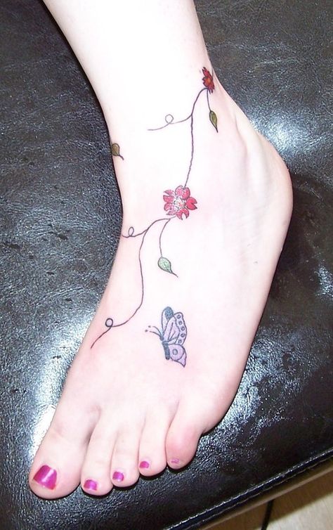 Ankle Butterfly Tattoos On Foot | Flowers and Butterfly on Foot, pretty, girlie, feminine tattoo Borboleta Tattoo, Tattoo Foot, Ankle Tattoo Designs, Art Goals, Ankle Tattoos For Women, Ankle Tattoos, Anklet Tattoos, Foot Tattoos For Women, Tattoos For Women Flowers