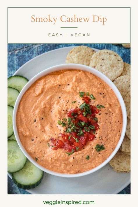 This Roasted Red Pepper Cashew Dip is creamy, smoky, and super easy to make. Grab your favorite crackers, chips or raw veggies and get your snack on! Cashew Dip, Love Printables, Roasted Red Pepper Dip, Raw Veggies, Party Dip Recipes, Vegan Snack Recipes, Party Dip, Vegan Dip, Dip Recipes Easy