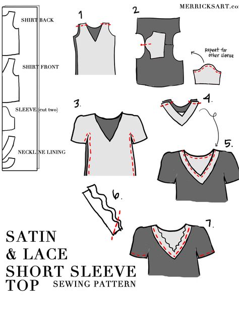 lace satin top sewing pattern Satin Blouse Pattern, Diy Lace Sleeves, Lace Top Patterns, Top Pattern Sewing, Lace Short Sleeve Top, Blouse Diy, Lace Neckline, Barbie Clothes Patterns, Blouse Pattern Sewing