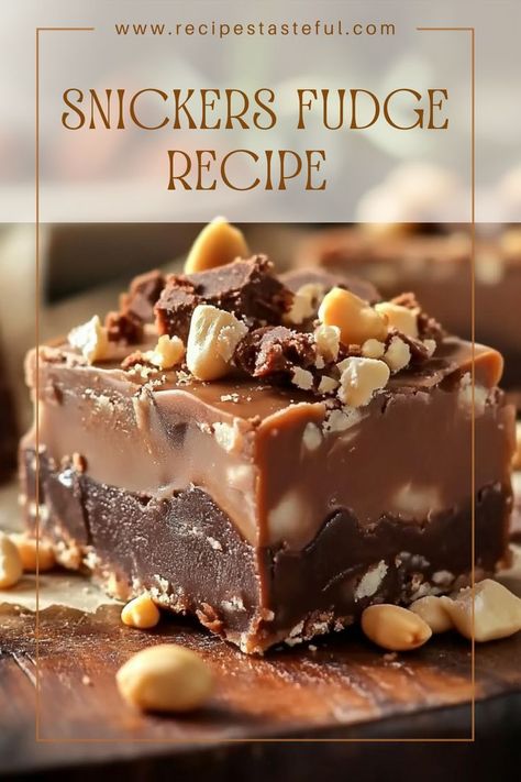 Indulge in this decadent Snickers Fudge, layered with rich chocolate, creamy peanut butter, and gooey caramel. Perfect for sharing or a sweet treat for yourself! Candy Store Fudge Recipes, Recipes That Use Caramels, Snicker Fudge Recipe, Carmel Chocolate Fudge, Christmas Peanut Butter Fudge, Snicker Dessert Recipes, Snickers Fudge Recipe, Snicker Fudge, Snickers Desserts