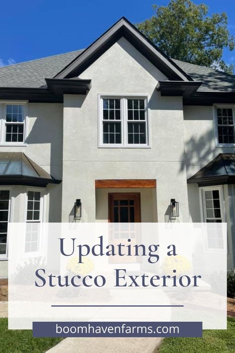 Update Stucco Exterior, Stucco Exterior Makeover, Exterior Stucco House Colors, Stucco Exterior Colors, Stucco House Colors, White Stucco House, Stucco And Stone Exterior, Stucco Paint, Stucco Colors