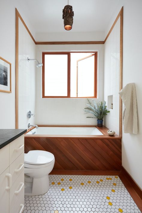 tub wrapped in wood. http://www.ryanleidner.com Wood Tub Surround, Unusual Bathrooms, Wood Tub, Wood Bathtub, Bathtub Surround, Boho Tiles, Bathtub Tile, Chrome Fixtures, Tub Surround