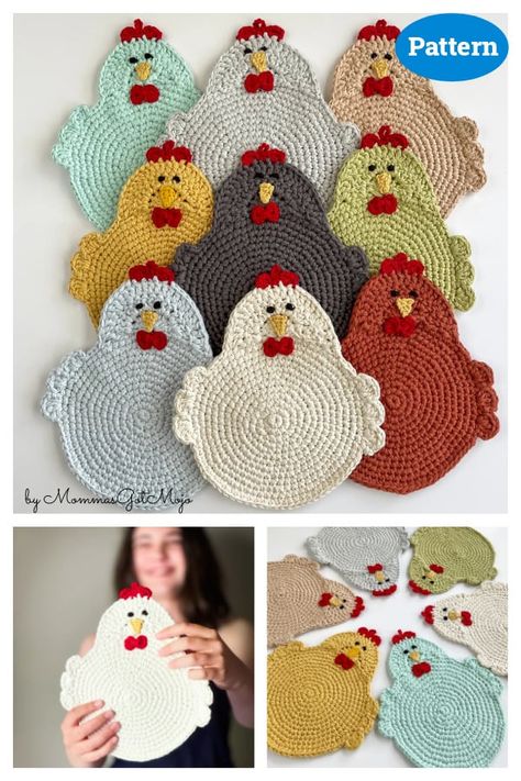 Crochet Chicken Hot Pad Free Pattern, Chicken Coasters Free Pattern, Crochet Chicken Hot Pad, Chicken Hot Pads Free Pattern, Crochet Pattern For Chicken, Chicken Coaster Crochet Pattern Free, Crochet Chicken Pot Holder, Crochet Chicken Coasters, Chicken Potholders Crochet Free Pattern