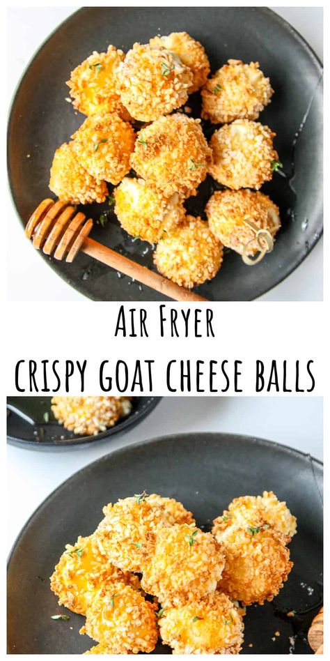 Fried goat cheese balls are a 30-minute air fryer appetizer that comes together with just 5 simple ingredients! Paired with a drizzle of honey and a sprinkle of fresh thyme, each bite is crispy, creamy, sweet, and savory. Serve them at a holiday party, or as a topping on salads. Cheese Balls Air Fryer, Fried Goat Cheese Balls, Goat Cheese Balls, Best Low Carb Snacks, Yummy Appetizers Parties, Cheese Recipes Appetizers, Fried Goat Cheese, Goat Cheese Recipes, Party Snack Food