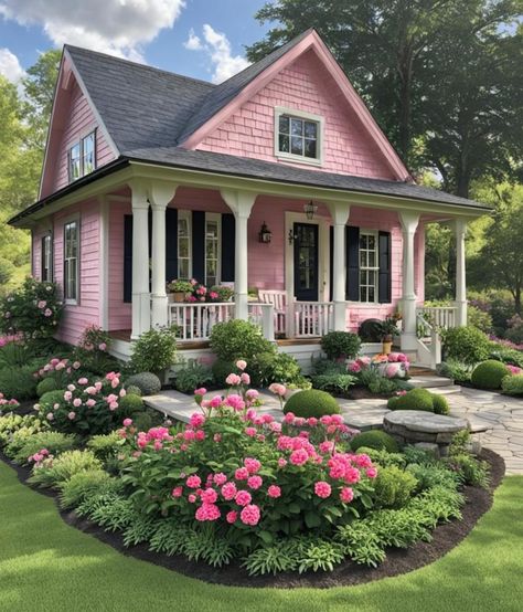 Pink House Exterior, America Aesthetic, Fairytale Houses, Cute Cottages, Dream Country, Tiny House Village, Front Gardens, Cottage Exterior, Dream Cottage