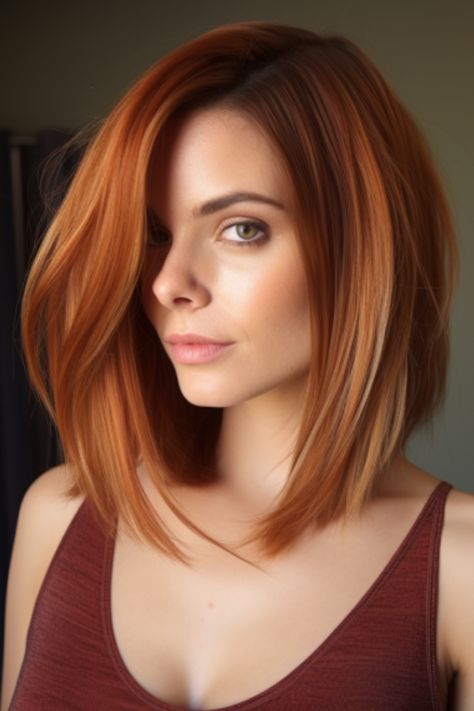 An inverted long bob with copper tones brings a twist to the classic bob hairstyle. The copper tones add shine to both wavy and straight hair, making it a great choice for any hair type. Click here to check out more stunning lob haircuts (Long Bob) for right now. Long Red Bob, Bob Copper Hair, Long Bob Hairstyles Red Hair, Long Copper Bob, Long Bob Copper Hair, Copper Lob Hair, Long Bob Red Hair, Ginger Long Bob, Copper Hair Bob Haircut