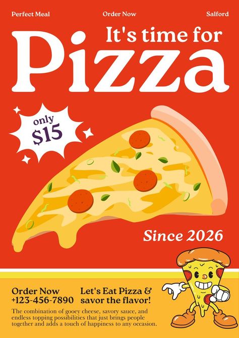 Food Promotion Poster, Food Promotion, Promotion Poster, Pizza Food, Cartoon Posters, Gooey Cheese, Savory Sauce, Eat Pizza, Food Poster