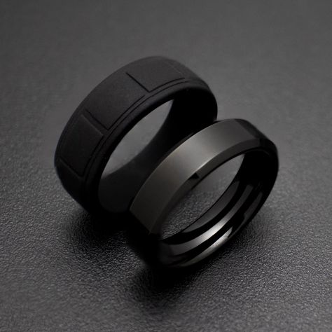 Black Obsidian Sleek Tungsten Wedding Ring + Our Black Silicone Onyx Band *Durable - Incredible Scratch Resistant Performance to always look great. *Comfort-fit & Weighty - Designed to fit well and feel good in your hand. *Made to order - Every ring we ship is unique and one-of-a-kind. *6mm Obsidian Band & *8mm Silicone Band (The Most popular standard widths) *Hypoallergenic - No discomfort from metals. *Cobalt-Free - Will never turn your finger green or irritate.  *Free Ring Box *Each buyer, a Men Black Ring, Men Rings Black, Black Rings For Men, Black Ring For Men, Male Rings, Mens Black Ring, Wedding Rings For Men, The One Ring, Cool Rings For Men