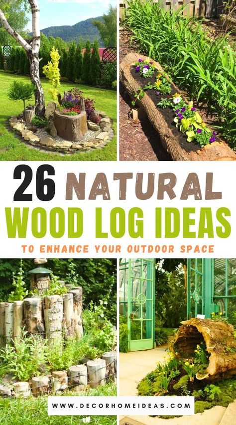 Log Planters Diy, Small Logs Ideas, Log Yard Ideas, Wood Log Garden Ideas, Using Branches In The Garden, Rustic Wood Planters Outdoor, Ideas For Logs, Repurpose Tree Stump, Wood Stumps Ideas