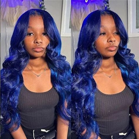 Colored 13X4 Navy Blue Body Wave Lace Front Human Hair Wigs For Women Transparent Lace Frontal Wig Royal Blue Wig, Dark Blue Wig, Midnight Blue Hair, Blue Lace Front Wig, Wave Texture, Birthday Hairstyles, Thick Base, Blue Wig, Birthday Hair