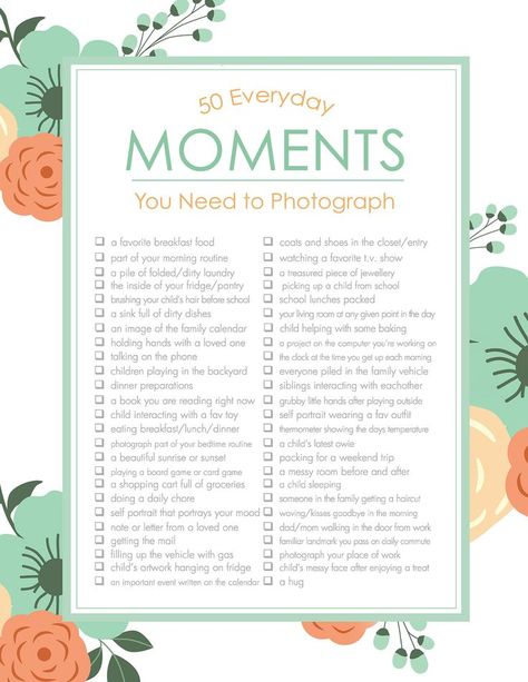 It truly is the little things that matter most. Capture the magical, everyday moments with help from our printable checklist of 50 Everyday Moments You need to Photograph. Photo Checklist, Photo A Day Challenge, Photo Prompts, Printable Checklist, Photography Basics, Photography Challenge, Photography 101, Photo Organization, Photography Lessons