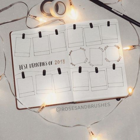 Journal Polaroid Ideas, Bujo Memories Page, Year In Polaroids Bullet Journal, Journal Ideas Memories, Polaroid Journal Ideas, Bullet Journal Memories Page, Year In Review Bullet Journal, Year In Polaroids, Memories Journal Ideas