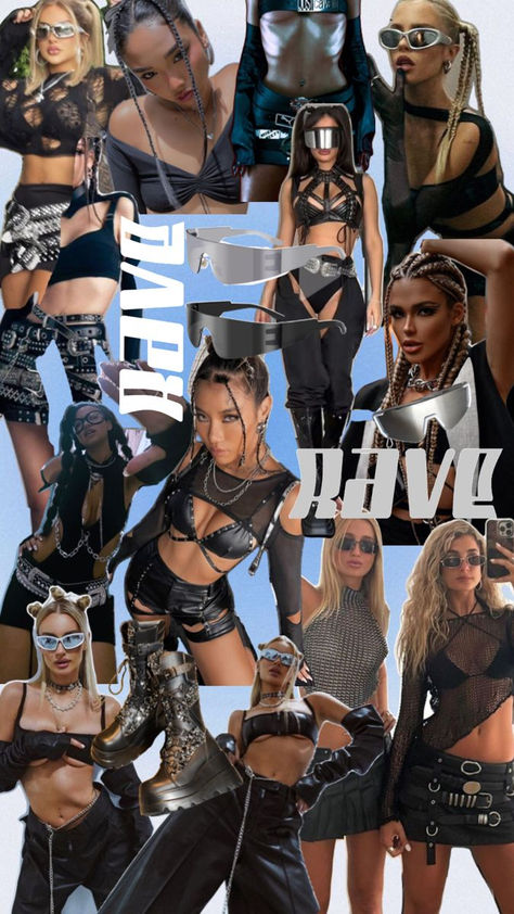 Rave outfit ideas Rave Outfits Black, Best Festival Outfits, 2023 Festival Outfits, Rave Outfits Diy, Techno Rave Outfit, Black Rave Outfits, Black Festival Outfit, Techno Festival, 2023 Festival