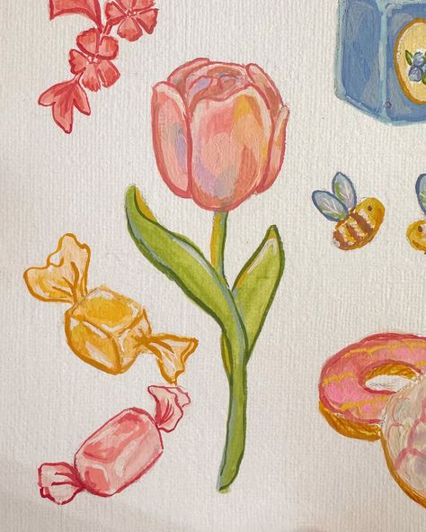 I think I’m finally getting the hang of gouache paints! 🥹 It’s been a busy week creating live on stream each day and I’m loving the progress I’ve been making with my art! Let me know which one of these mini paintings you like the best?! I’m torn between the jam and the tulip but then again the sweets are pretty cute!!! 🫐🌷 . #artistoninstagram #gouachepainting #gouache #smallstreamer #twitchstreamer #creative Painting Gouache Ideas, Simple Gauche Painting, Cute Small Paintings, Easy Art Painting, Paint Doodles, Tulip Art, Whimsical Art Journal, Gouache Paints, Flower Cute