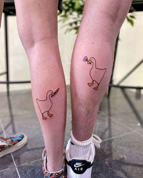 Goose Matching Tattoos, Cute Tattoos To Get With Your Boyfriend, Interesting Matching Tattoos, Non Cheesy Couple Tattoos, Matching Tattoos Gaming, Matching Animal Tattoos Couple, Best Friend Duck Tattoos, Goofy Matching Tattoos For Best Friends, Detailed Matching Tattoos