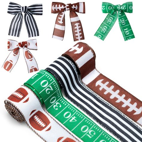 PRICES MAY VARY. PACKAGE INCLUDES: There are 4 rolls of rugby themed ribbons in the set, providing plenty of material for a variety of DIY creative projects and rugby game decorations! SIZE: Each roll of ribbon is about 6 yards long, 24 yards in total and about 1.97 inches wide. You can use them to decorate gift boxes or create bows for your hair to add flair to rugby games. MATERIAL: These ribbons are made of polyester fabric with stitched lockstitch and wire wrapped edges, easy to bend and fol Diy Cowbells For Football, Game Decorations, Homecoming 2024, Edges Easy, Rugby Games, Football Crafts, Football Decor, Homecoming Mums Diy, Gift Wrap Ribbon