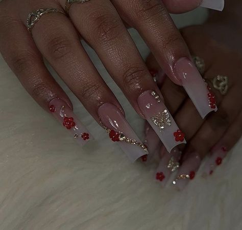 Red Quince Nails, Sweet 16 Nails, Prom 2k24, Quince Nails, Quinceanera Nails, Latest Nail Designs, Quinceanera Ideas, Red Acrylic Nails, Long Acrylic Nail Designs