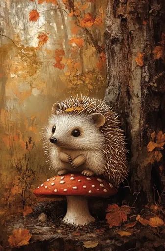 ↑↑↑ Larger size on website 🔸 A small hedgehog sits on a bright red mushroom with white spots in a forest setting. The hedgehog ha Forest Setting, Red Mushroom, Large Tree, Woodland Scene, Fallen Leaves, Realistic Paintings, Autumn Forest, Yoga Life, The Hedgehog