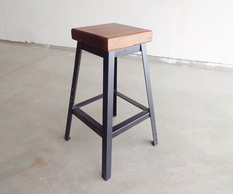 This is a simple bar stool I made out of angle iron with a walnut seat.The angle iron was recycled from some old bed frames, and the wood was from a piece of walnut... Old Bed Frames, Iron Bar Stools, Angle Iron, Kursi Bar, Loft Furniture, Iron Stools, Furniture Logo, Bar Cart Decor, Eames Chairs