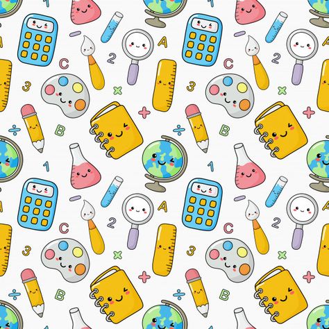 Cute funny back to school seamless pattern. school supplies. education Premium Vector School Supplies Background, Kawaii Back To School, Back To School Pattern, Wallpaper School, Back To School Images, Back To School Wallpaper, Teacher Wallpaper, School Wallpaper, School Pattern