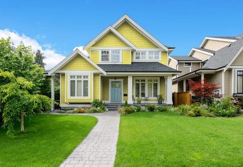 powder blue front door with yellow house Yellow House Front Door, Coral Front Doors, Green Front Door, Grey Front Door, Brown Front Doors, Orange Front Doors, Pink Front Door, Shutter Colors, Boost Curb Appeal