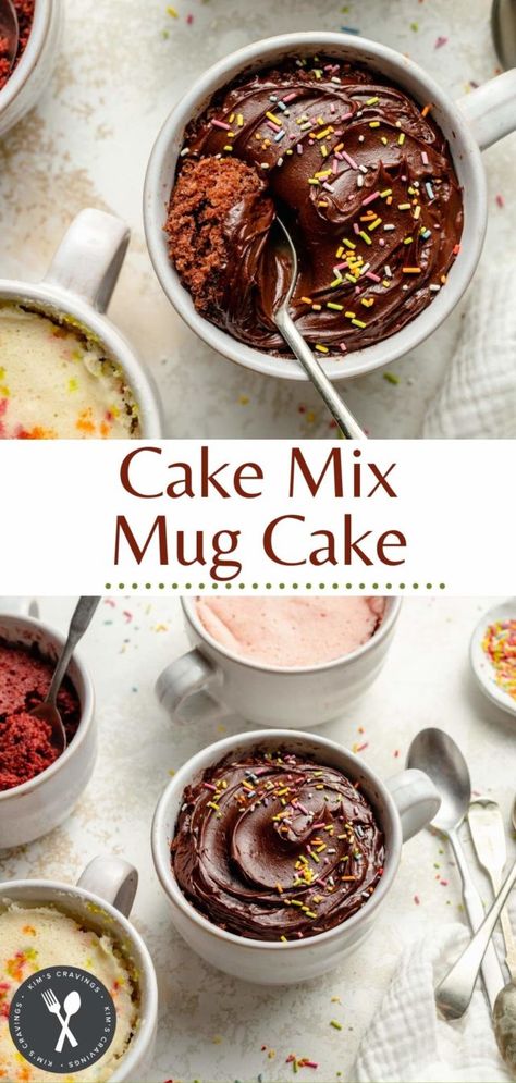 Cake Mix Mug Cake - Kim's Cravings Mug Cake Cake Mix, Cake Mix Mug Cake, Microwave Cake Mix, Mug Dessert Recipes, Mugcake Recipe, Mug Cake Recipes, Microwave Mug Recipes, Gluten Free Mug Cake, Single Serve Cake