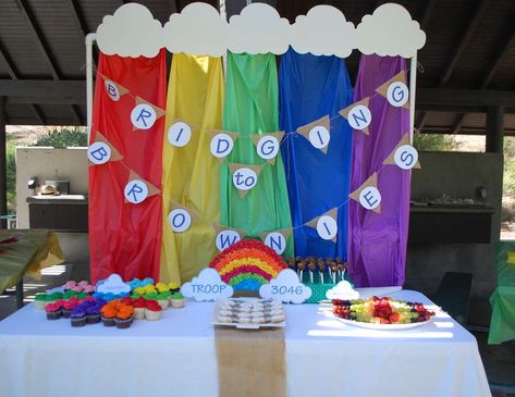 rainbows / Girl Scout Bridge Ceremony "Daisy Girl Scouts bridge to Brownies" | Catch My Party Daisy To Brownie Bridging Gifts, Daisy Bridge To Brownies, Bridge To Brownies Ceremony, Bridging Ceremony Decorations, Daisy To Brownie Bridging Ideas, Daisy To Brownie Bridging Ceremony, Daisy Bridging To Brownies, Bridge To Brownies, Girl Scout Bridge