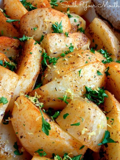 Greek Potatoes | South Your Mouth | Bloglovin’ Baking With Olive Oil, South Your Mouth, Greek Potatoes, Greek Dishes, Potato Side Dishes, Potato Dishes, Side Recipes, Veggie Dishes, Easter Recipes