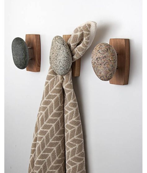 Single Sea Stones Stone Coast Hook/Towel Holder on a Cherry Wood | aftcra Coat Rack Hooks, Sea Stones, Natural Stone Wall, Cool Coasters, Decorative Hooks, Coat Racks, Towel Hooks, Modern Furniture Living Room, Wall Mounted Coat Rack