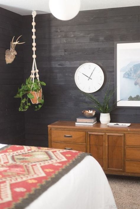 Rustic Black Shiplap Bedroom:  An edgier take on the trend, black shiplap is a great way to combine contemporary and classic. Check out these stunning interiors that embraced shiplap's bolder, moodier side. Studio Mcgee Fireplace, Shiplap Bedroom, Black Shiplap, Small Bedroom Remodel, Wallpaper Bathroom, Shiplap Wall, Vintage Revival, White Shiplap, Basement Bedrooms