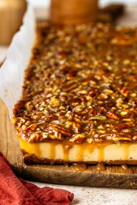 Pecan Pie Cheesecake Bars #cheesecake #bars #pecanpie Cheesecake Pecan Pie Bars, Sweet Potato Pie Cheesecake Bars, Gingerbread Cheesecake Bars, Chex Treats, Pecan Pie Cheesecake Bars Recipe, Pecan Pie Topping, Pumpkin Pie Cheesecake Bars, Cream Cheese Bars Recipe, Pumpkin Pecan Cheesecake