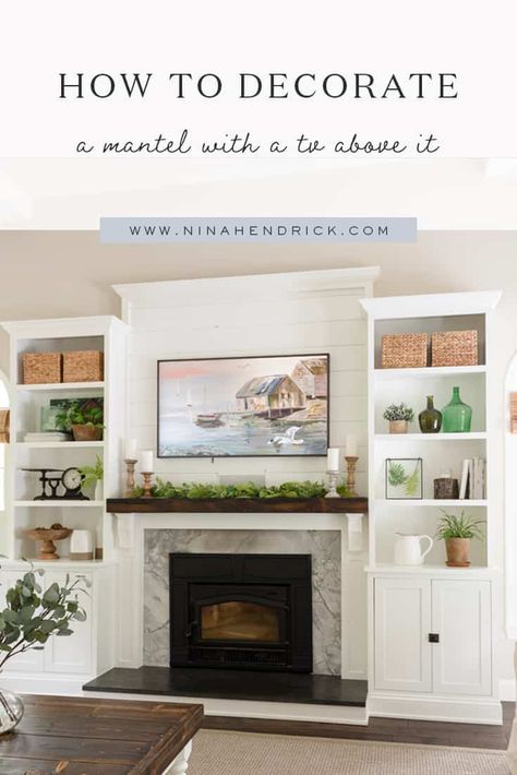 Wondering how to decorate with a TV above your mantel? It's a common decorating dilemma, but luckily there are some solutions that can make everyone happy! Fireplace Mantel Decorating Ideas With Tv Above, Mantel Tv Decorating Ideas, Mantle Decor Tv Above, How To Decorate A Fireplace With A Tv, How To Decorate Mantel With Tv Above It, Fireplace Mantel Decorating Ideas Tv, Mantle Decorating Ideas With Tv Above, Fireplace Bookshelves Decor, Farmhouse Mantle With Tv