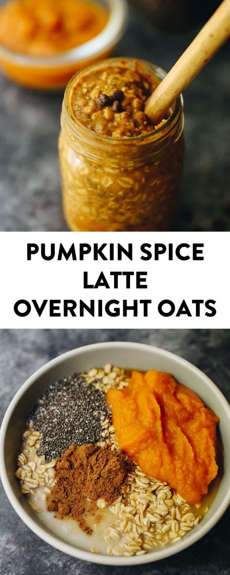 A recipe for pumpkin spice latte overnight oats – an easy, one-step breakfast version of your favorite Fall drink made with pumpkin, oats + coffee or espresso requiring just 2 minutes of prep! Vegan Spiced Pumpkin Bedtime Drink, Pumpkin Quick Oats, Overnight Oats With Pumpkin Puree, Pumpkin Overnight Oats Vegan, Pumpkin Spice Latte Overnight Oats, Pumpkin Overnight Oats Easy, Overnight Oats Espresso, Pumpkin Spice Breakfast, Cooked Oats Recipes