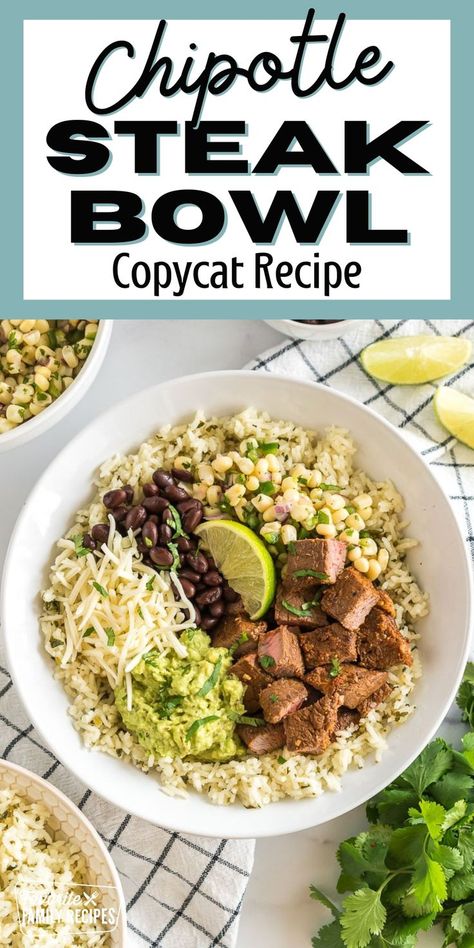 With this Chipotle Steak Bowl Copycat recipe, you can make all the delicious flavors of everyone’s favorite Tex-Mex restaurant in your own kitchen. A burrito bowl has all the great ingredients of a burrito without the tortilla. All Chipotle burrito bowls are flavorful and delicious, but the steak bowl is especially great! Chipotle Steak Bowl, Steak Burrito Bowl Recipe, Chipotle Steak, Steak Bowl, Chipotle Copycat Recipes, Chipotle Burrito Bowl, Chipotle Burrito, Steak Dinner Recipes, Grilled Tofu