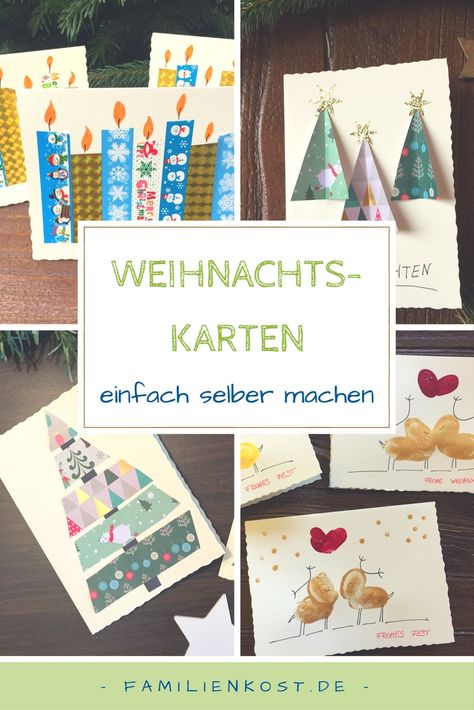 Weihnachtskarten selber machen ist gar nicht schwer. 4 einfache Ideen für selbstgemachte Weihnachtskarten mit Masking Tape und Fingerfarbe, die ihr einfach mit Kindern basteln könnt. Passende Texte und Sprüche gibt es auch dazu: https://www.familienkost.de/artikel_weihnachtskarten_basteln.html Diy Christmas Cards Easy, Handprint Christmas Tree, Christmas Card Tutorials, Santa Klaus, Handprint Christmas, Reindeer Card, Christmas Cards Kids, Simple Christmas Cards, Christmas Card Set