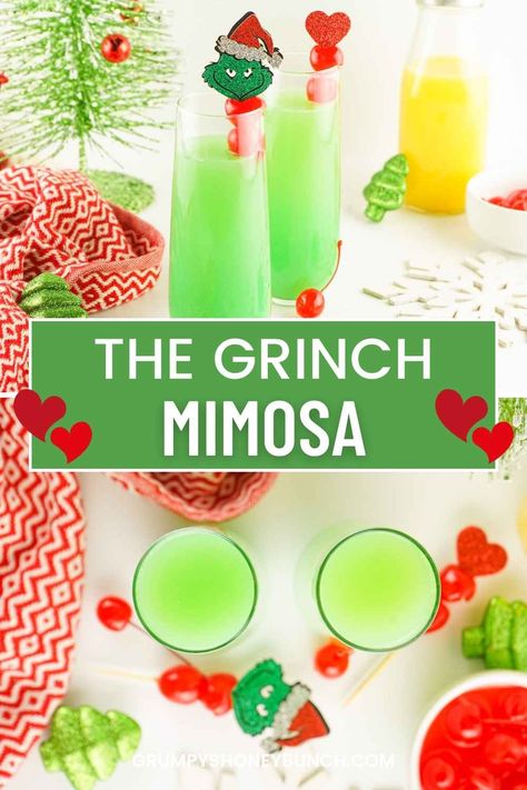 Grinch Mimosa: A Festive Holiday Cocktail Grinch Mimosa, Green Mimosa, Grinch Drink, Classic Mimosa, Mimosa Drink, Homesteading Recipes, Christmas Drinks Alcohol Recipes, Festive Holiday Cocktails, Christmas Drinks Recipes