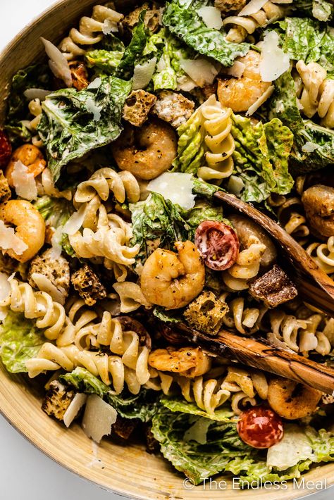 This shrimp caesar pasta salad is everything we love about pasta salad and caesar salad in one bowl. It's creamy and crunchy and great for weeknights because it's easy to toss together, plus it's ready in just 25 minutes! #theendlessmeal #caesarsalad #pastasalad #caesarpastasalad #salad #pasta #shrimp #shrimpcaesar Salad In A Bowl, Pasta Shrimp, Shrimp Pasta Salad, Luncheon Menu, Caesar Pasta Salad, Caesar Pasta, Classic Pasta Salad, Delicious Seafood Recipes, Caesar Salad Recipe