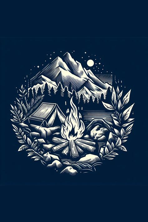 An enchanting campfire illustration under a starry night sky, capturing the magic of outdoor adventures. Camping Illustration Art, Campfire Logo, Campfire Illustration, Camp Illustration, Campfire Design, Ocean Sleeve Tattoos, Camping Wallpaper, Backpack Drawing, Camping Design