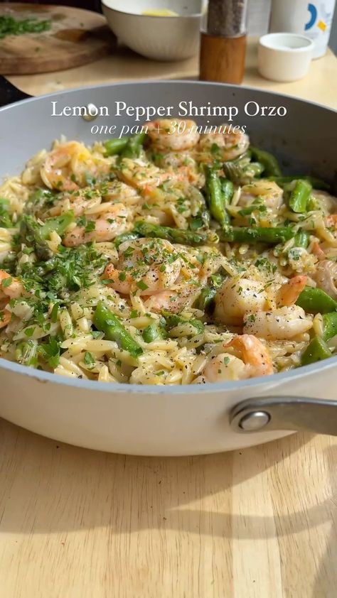 Mediterranean Diet Plan 🇺🇸 | One Pan Lemon Pepper Shrimp Orzo. Ready in 30 minutes and brimming with bright flavors for spring, this weeknight dinner is SO simple and… | Instagram One Pan Lemon Pepper Shrimp Orzo With Asparagus, Mediterranean Diet Recipes Dinners Seafood, One Pan Lemon Pepper Shrimp Orzo, Lemon Pepper Shrimp Orzo, Pescatarian Dinner Ideas Healthy, Mediterranean Bowl Recipes, Orzo Shrimp Recipes, Mediterranean Diet Fish Recipes, Shrimp Meal Prep Ideas