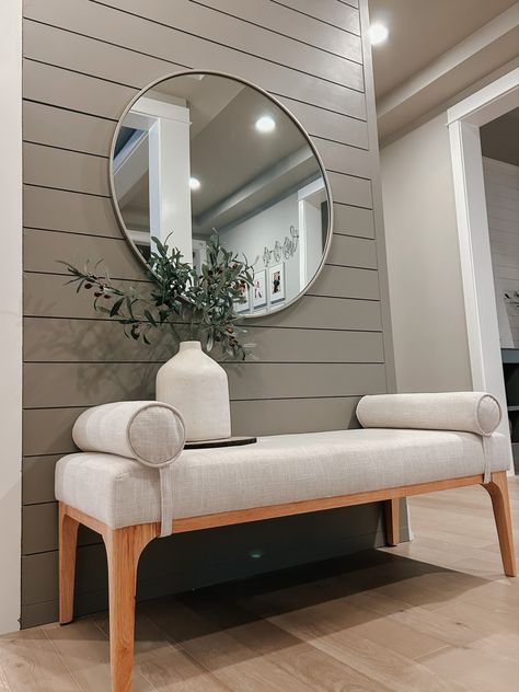 Slanted Wall Entryway Ideas, Shiplap Wall Front Entrance, Front Entryway Accent Wall, Shiplap Front Entry, Front Entry Accent Wall, Foyer Wall Colors Entry Ways, Entryway Accent Wall Ideas Paint, Modern Accent Wall Entryway, Accent Wall Foyer Entryway