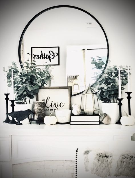 Black And White Mantle Decor, White Fireplace Mantel, White Mantle Decor, White Fireplace Mantels, Chimney Decor, Halloween Mantel Decor, White Mantle, Fall Mantel Decor, Mantle Decorations