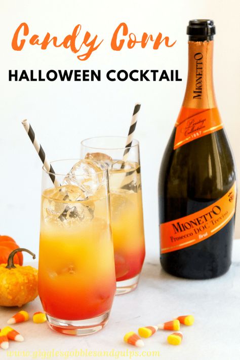 Halloween Cocktails With Prosecco, Halloween Bellini, Champagne Halloween Cocktails, Halloween Prosecco Cocktails, Candy Corn Cocktail, Candy Corn Drinks, Corn Cocktail, Autumn Beverages, Cocktail Prosecco