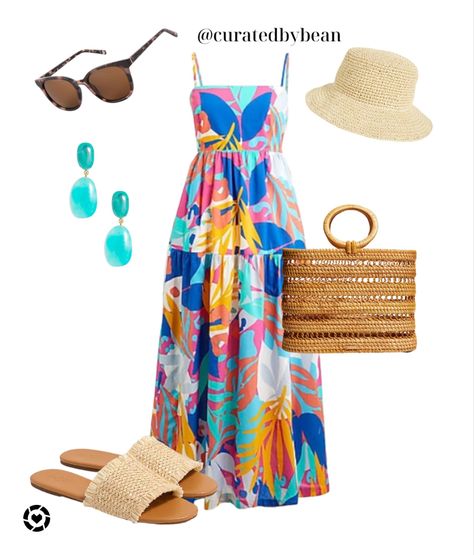 Dresses For Island Vacation, Plus Size Summer Beach Outfits, Caribbean Vacation Outfit, Dresses Preppy, Outfit Comodo, Bright Dresses, Resort Outfits, Sandals Outfit Summer, Straw Accessories