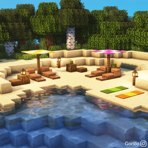 Minecraft Beach House Decor, Outdoor Patio Ideas Minecraft, Beach In Minecraft, Minecraft Beach Building Ideas, Minecraft Beach Path, Minecraft Beach Aesthetic, Beach Decor Minecraft, Cute Minecraft Builds Outside, Island Builds Minecraft