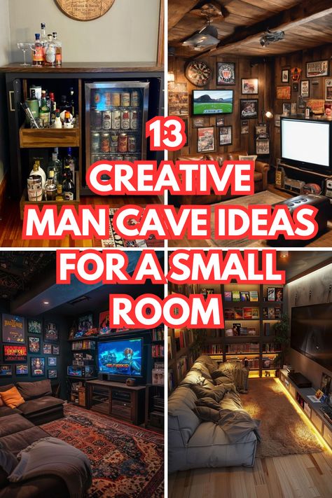 Think a small space can’t become the ultimate man cave? Think again! With these 13 creative ideas, you can transform even the tiniest room into your personal retreat. From wall-mounted TVs and compact recliners to clever storage solutions like hidden ottomans and bar carts, these tips maximize style and functionality. Whether it’s for gaming, relaxing, or showcasing your favorite gear, these ideas prove size doesn’t limit possibilities. Check out all 13 in the blog post! Music Man Cave Ideas, Sports Bar Home Man Cave, Bro Cave Ideas, Decorations For Men’s Room, Cool Man Cave Ideas Basement, Diy Bar Ideas Small Spaces, Speakeasy Man Cave Ideas, Stylish Man Cave, Modern Man Cave Basement