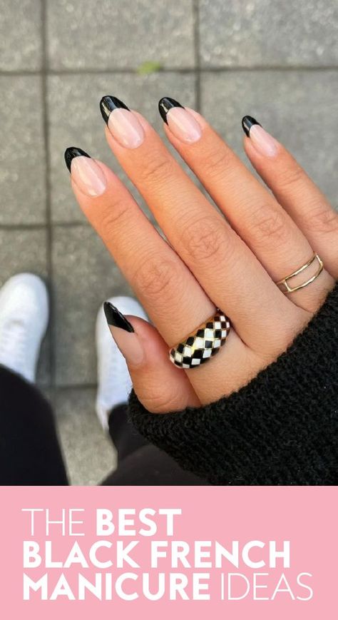 Black Tips Coffin Shape, White Nail With Black French Tip, Black Tip French Manicure Almond, Natural Nails Black Tips, French Manicure With Black Line, Color Tipped French Manicure, Reverse French Manicure Black, Black Reverse French Nails, Black French Manicure Ideas